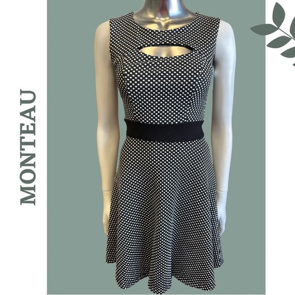 🛍️3/$40 Monteau A-Line Sleeveless Dress Black Whitee Polka Dot Cut Out Sz Small - Picture 1 of 7